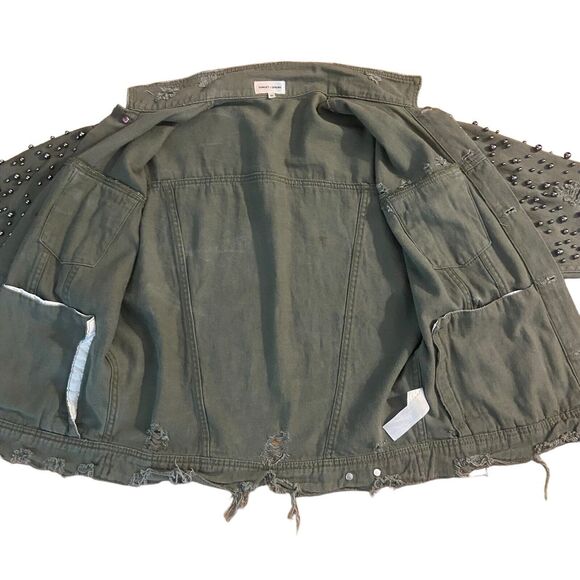 Sunset + Spring Embellished Oversized Distressed Denim Jacket Size XS Green - Picture 10 of 11